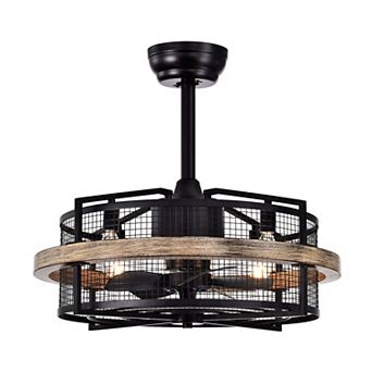 20" Industrial Black Metal Caged Bladeless Ceiling Fan Chandelier with Remote