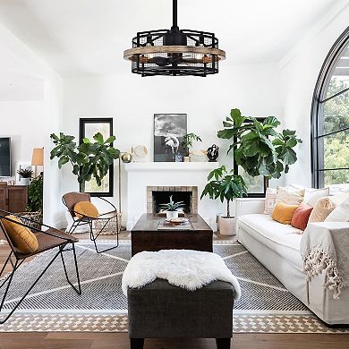 20" Industrial Black Metal Caged Bladeless Ceiling Fan Chandelier with Remote