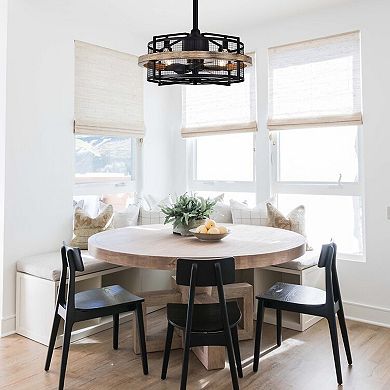 20" Industrial Black Metal Caged Bladeless Ceiling Fan Chandelier with Remote