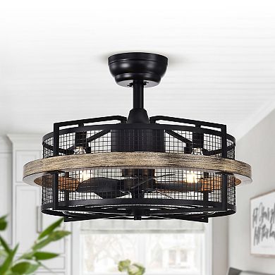 20" Industrial Black Metal Caged Bladeless Ceiling Fan Chandelier with Remote