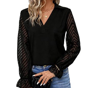 Womens V Neck Lace Long Sleeve Casual Elegant Blouse Tops