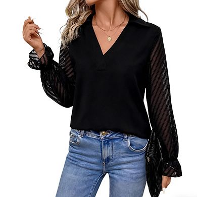 Womens V Neck Lace Long Sleeve Casual Elegant Blouse Tops