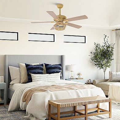 52" BohoSand Gold Cage Ceiling Fan with Remote and Light Kit