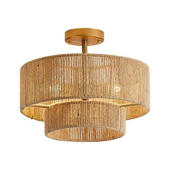 15" Bohemian Gold Natural Jute Rope 3-Light Tiered Drum Semi-Flush Mount Ceiling Light
