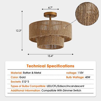 15" Bohemian Gold Natural Jute Rope 3-Light Tiered Drum Semi-Flush Mount Ceiling Light