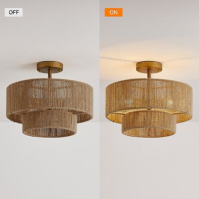 15" Bohemian Gold Natural Jute Rope 3-Light Tiered Drum Semi-Flush Mount Ceiling Light