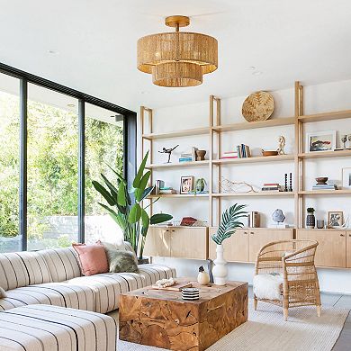 15" Bohemian Gold Natural Jute Rope 3-Light Tiered Drum Semi-Flush Mount Ceiling Light