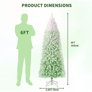 Slim Pencil Christmas Tree, Green & White Flocked Artificial Tree, Easy Assembly