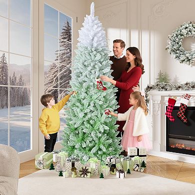 Slim Pencil Christmas Tree, Green & White Flocked Artificial Tree, Easy Assembly