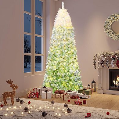 Slim Pencil Christmas Tree, Green & White Flocked Artificial Tree, Easy Assembly