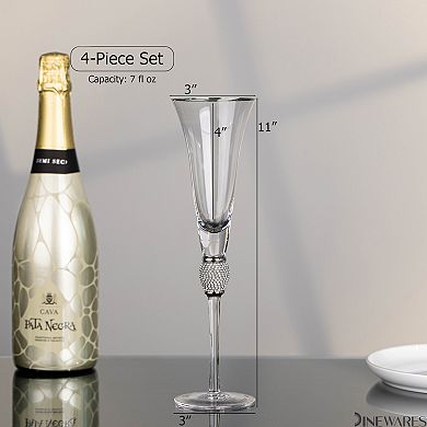 4 Piece Elegant Crystal Set Wedding Champagne Glasses with Diamond Rhinestone Accents