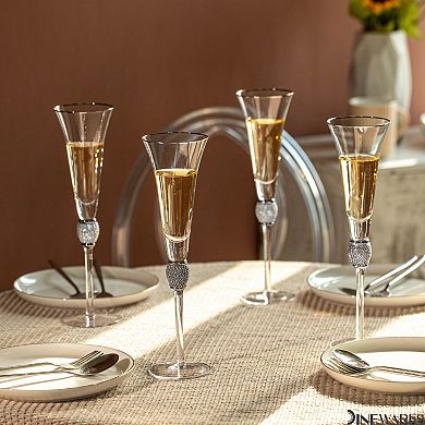 4 Piece Elegant Crystal Set Wedding Champagne Glasses with Diamond Rhinestone Accents