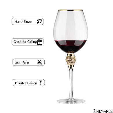 Set of 2 Red Wine Glasses with Diamond Rhinestone Accent - 18 oz, 10 Inches Tall