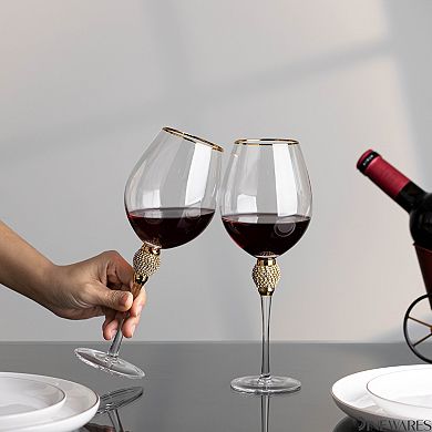 Set of 2 Red Wine Glasses with Diamond Rhinestone Accent - 18 oz, 10 Inches Tall