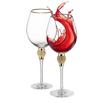 Set of 2 Red Wine Glasses with Diamond Rhinestone Accent - 18 oz, 10 in Tall