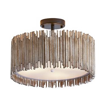 Parrot Uncle Distressed White 3-Light Wood Drum Semi-Flush Mount Ceiling Light