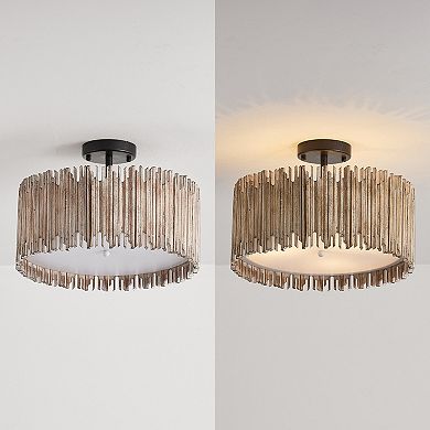 Parrot Uncle Distressed White 3-Light Wood Drum Semi-Flush Mount Ceiling Light