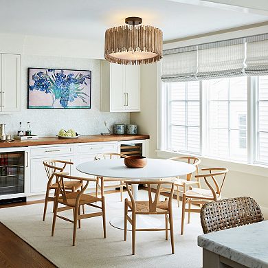 Parrot Uncle Distressed White 3-Light Wood Drum Semi-Flush Mount Ceiling Light