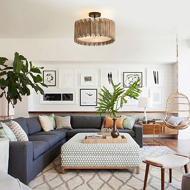 Parrot Uncle Distressed White 3-Light Wood Drum Semi-Flush Mount Ceiling Light