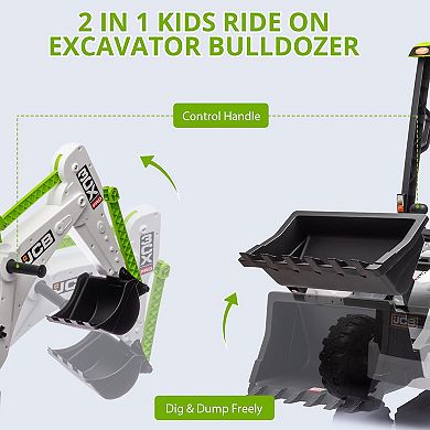 12V Kids Ride-On Excavator Bulldozer, Electric Digger w/Remote, Front Loader, Tent, Adjustable Seat