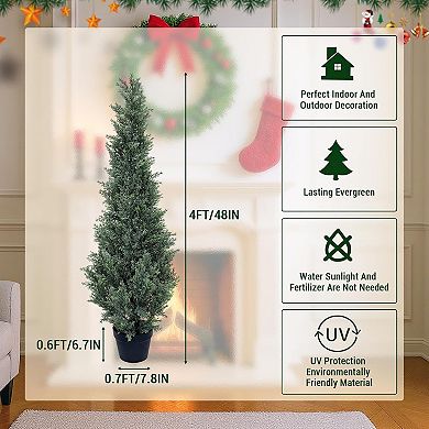 Set of 2 Artificial Cedar Topiary Trees, Potted Faux Cypress Plants for Indoor & Outdoor Decor