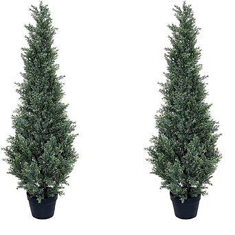 Set of 2 Artificial Cedar Topiary Trees, Potted Faux Cypress Plants for Indoor & Outdoor Decor