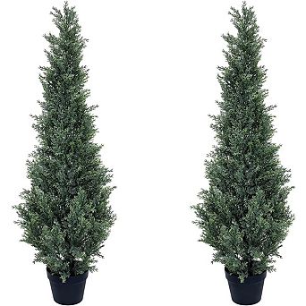 Set of 2 Artificial Cedar Topiary Trees, Potted Faux Cypress Plants for Indoor & Outdoor Decor