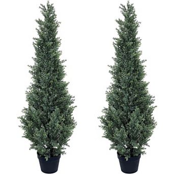 Set of 2 Artificial Cedar Topiary Trees, Potted Faux Cypress Plants for Indoor & Outdoor Decor