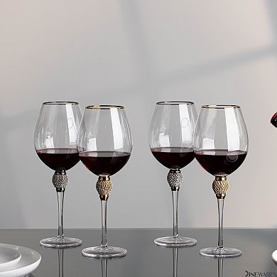 Set of 4 Gold-Rimmed Red Wine Glasses with Diamond Rhinestone Accent