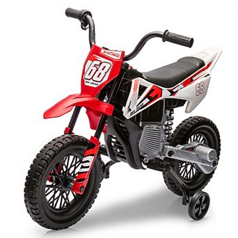 12V Kids Electric Motorcycle w/Training Wheels, Dirt Bike Ride-On Toy w/Twist Throttle, Suspension