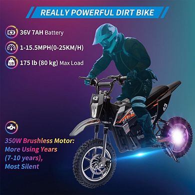 36V Electric Dirt Bike, 15.5MPH Off-Road Motorcycle w/500W Brushed Motor, Disc Brake, LED Light