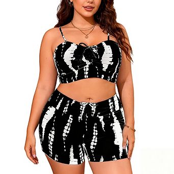 Women Plus Size Bikini Set Two Piece Swimsuit Tie Front Top Tummy Control Bathing Suit Swimwear