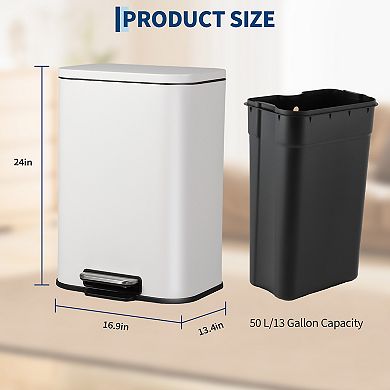 Fancihabor 13.2 Gallon white stainless steel step-on trash can, soft-close lid & removable bucket
