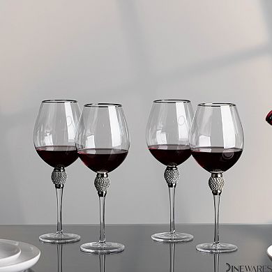 Set of 4 Silver-Rimmed Red Wine Glasses with Diamond Rhinestone Accent