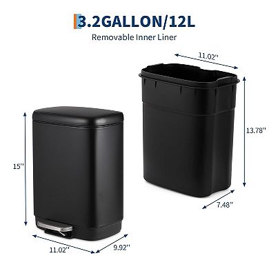 Fancihabor 3.2 Gallon Stainless Steel Trash Can, Step-On Waste Bin with Soft-Close Lid