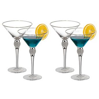 4 pc Premium Clear Stem Crystal Martini Glasses with Gold Rim and Diamond-like Rhinestones