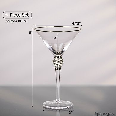 4 Piece Premium Clear Stem Crystal Martini Glasses with Gold Rim and Diamond-like Rhinestones