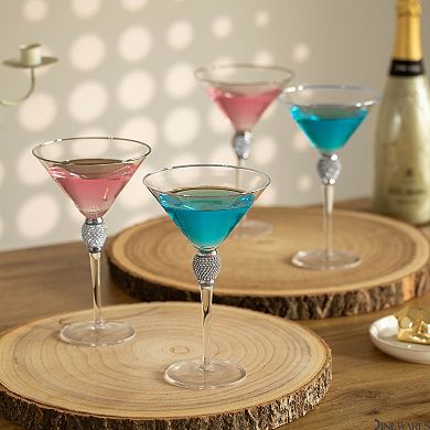 4 Piece Premium Clear Stem Crystal Martini Glasses with Gold Rim and Diamond-like Rhinestones
