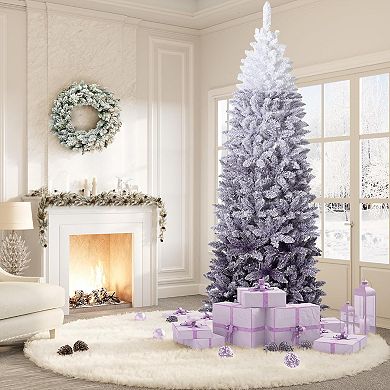 Purple Flocked Pencil Christmas Tree, Slim Artificial Xmas Tree with Metal Stand