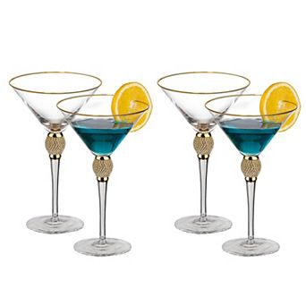 4 pc Premium Clear Stem Crystal Martini Glasses with Gold Rim and Diamond-like Rhinestones