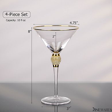 4 Piece Premium Clear Stem Crystal Martini Glasses with Gold Rim and Diamond-like Rhinestones