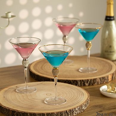 4 Piece Premium Clear Stem Crystal Martini Glasses with Gold Rim and Diamond-like Rhinestones