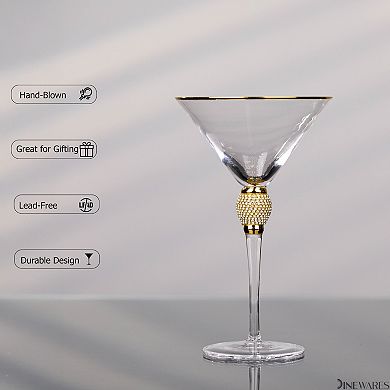 4 Piece Premium Clear Stem Crystal Martini Glasses with Gold Rim and Diamond-like Rhinestones