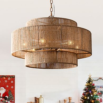 Parrot Uncle Bohemian Brown Hemp Rope Tiered Drum Chandelier Light
