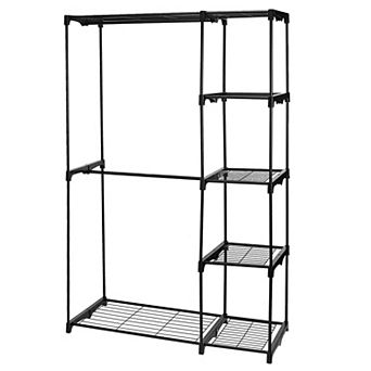 Metal Freestanding Closet Organizer, Double Rod Wardrobe with 5 tier Wire Shelves