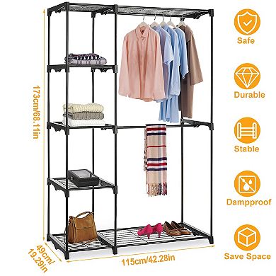 Metal Freestanding Closet Organizer, Double Rod Wardrobe with 5-Tier Wire Shelves