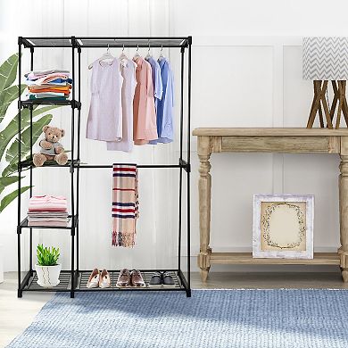 Metal Freestanding Closet Organizer, Double Rod Wardrobe with 5-Tier Wire Shelves