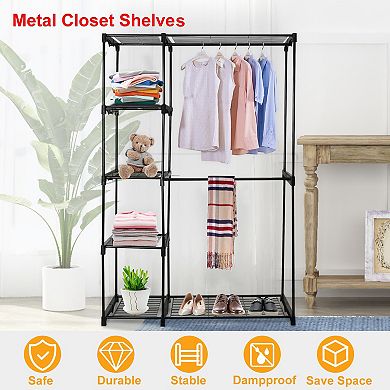 Metal Freestanding Closet Organizer, Double Rod Wardrobe with 5-Tier Wire Shelves