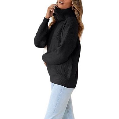 Women's Turtleneck Sweater Long Sleeve Thick Sweater Loose Knitted Pullover Top
