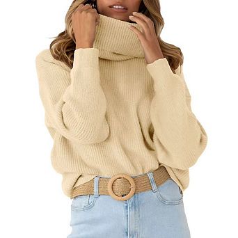Women's Turtleneck Sweater Long Sleeve Thick Sweater Loose Knitted Pullover Top